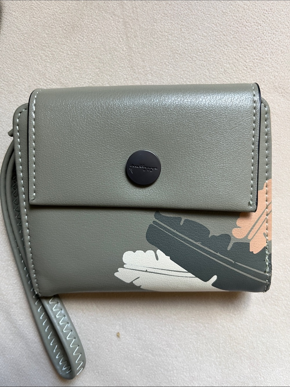 Feather-Print Gray Wristlet Wallet with Snap Closure